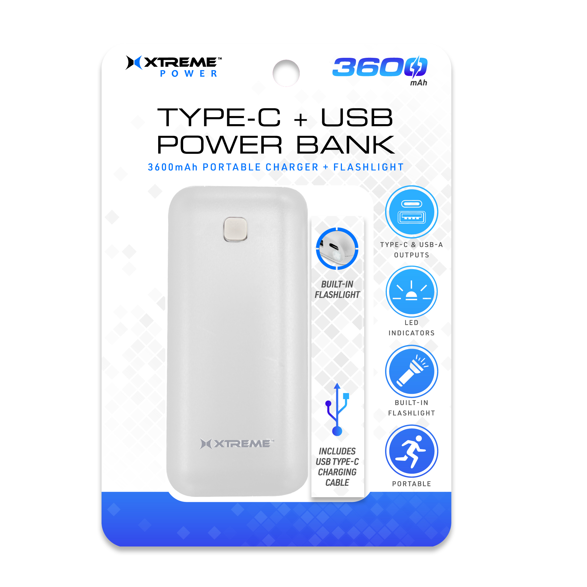 insulator Perle hylde 3600 mAh Type C and USB Power Bank, Built-In Flashlight | Xtreme Cables