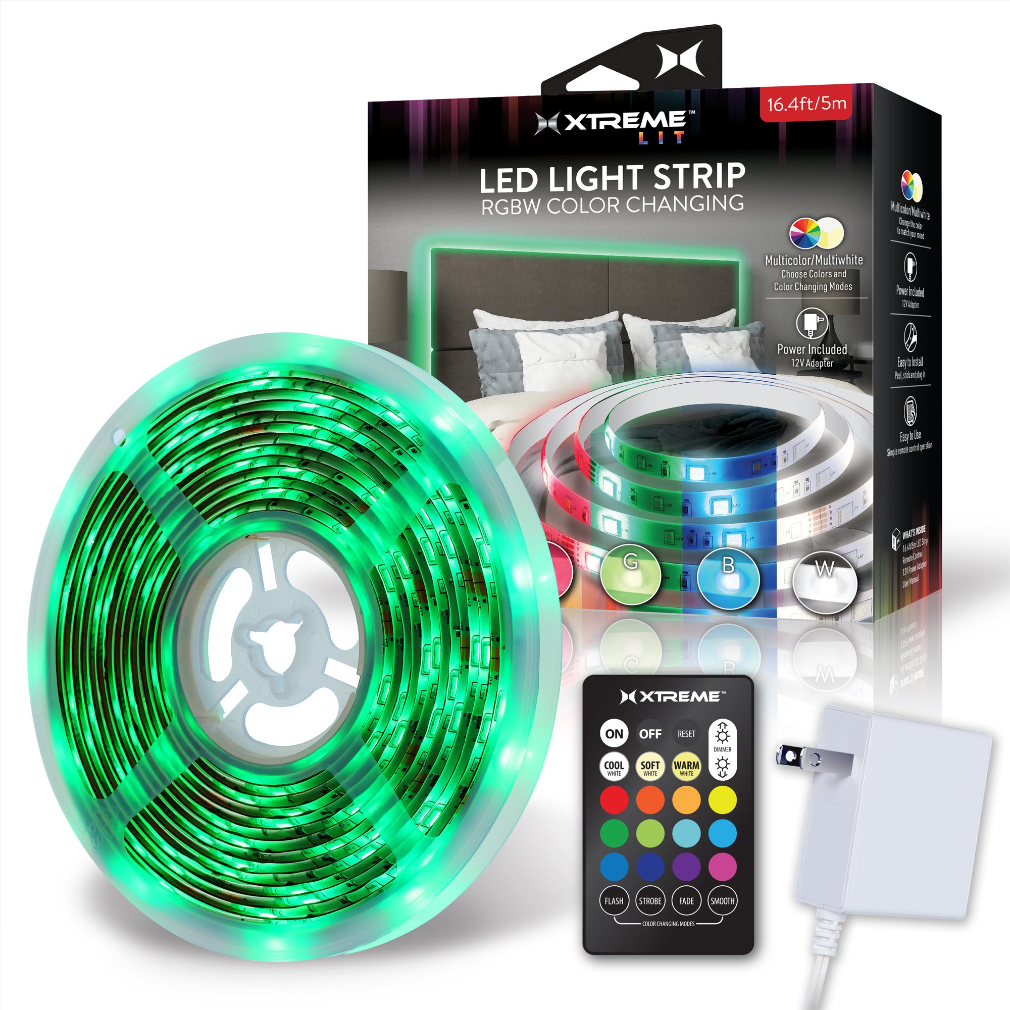 16.4ft Color Changing Indoor LED Light Strip 12V Adapter Xtreme Cables