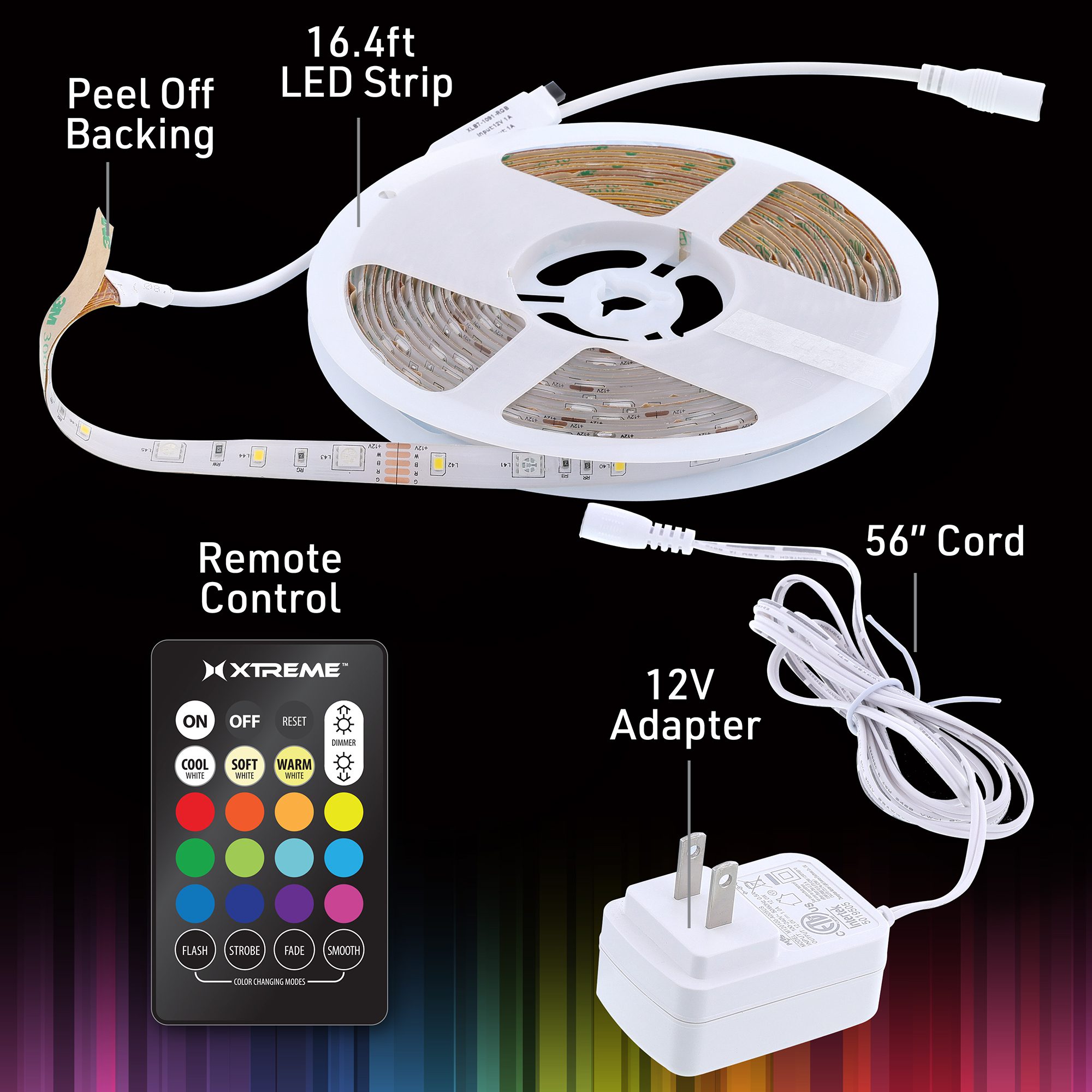 16.4ft Color-Changing Indoor LED Light Strip, 12V Adapter